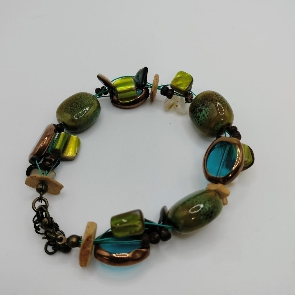 7" Premier Designs Green Earth Gold Tone Fashion Statement Bracelet